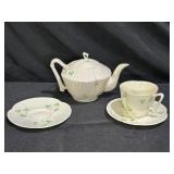 Belleek Shamrock Tea Pot, Cup & 2 Saucers