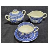 Blue Willow Creamer, Sugar Bowl, Cup & Saucer