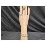 Silver Tone & Blue Stones Cuff Bracelet & 2 Rings