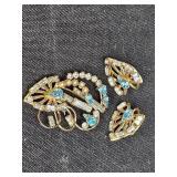 Vtg Star Art Floral Rhinestone Brooch & Earrings