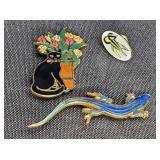 3 Vintage Enameled Pins - Lizard, Flowers, & Cat