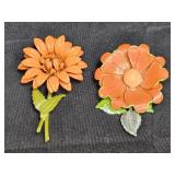 2 Vintage Orange Enamal Flower Brooches