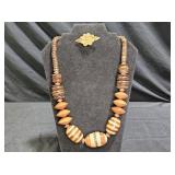 Chunky Wood Bead Necklace & Wooden Dogwood Pin