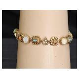 Vtg Gold Tone Book Chain Stone Cabachon Bracelet