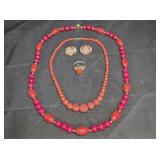 2 Red Coral Necklace, Earrings & Ring