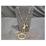 Vintage Giraffe Necklace & 4 Wood Bangle Bracelets
