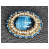 Vintage Blue Art Glass & Rhinestone Brooch