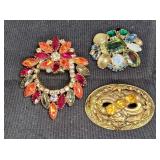 3 Vintage Colorful Rhinestone Brooches