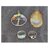 Tree of Life & Agate Pendants & 2 Rings