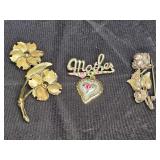 3 Gold Tone Floral Brooches / Pins