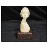 African Bone Carving of Woman on Wood Base