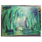 HUGE Lee Reynolds Green Abstract Sailboats Oil