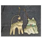 2 Folk Art Flat Metal Cat  Christmas Ornaments