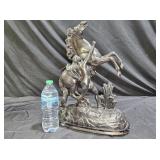 Vintage Man & Rearing Horse Metal Statue