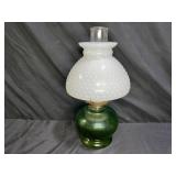 Green Glass Oil Lamp White Hobnail Shade