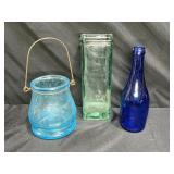 Green Vace, Candle Holder & Cobalt Bottle