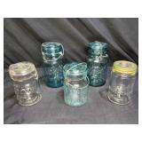 5 VIntage Ball & Atalas Blue & Clear Jars