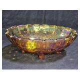 Vtg Oval Footed Amber Carnival Glass Fruit Bowl