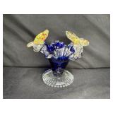 Blue Art Glass Basket with Butterfly Handles