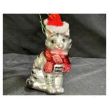 VTG Grey Tabby Cat Glass Ornament 4" Tall