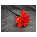Red Flower Hand Blown With Green Stem