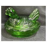 Vintage Green Degenhart Small Glass Hen on Nest