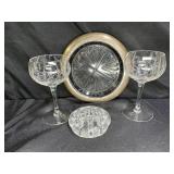 Silver Plate Ashtray, Wine Glasses & Flower Frog