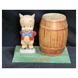 Vintage Porky The Pig & Whiskey Barrel Piggy Bank