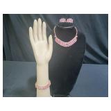 Vtg Pink Rhinestone Necklace, Bracelet & Earrings