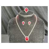 Red Rhinestone Teardrop Necklace, Earring & Ring