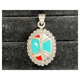 Vintage Sterling Silver Torquoise Coral Pendant