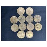 12 Antique Brass No. 2 -15 Trade Tokens