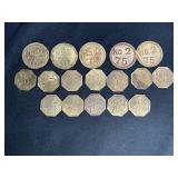 17 Brass Trade Tokens, No 2 7 1/2 & No. 2 75