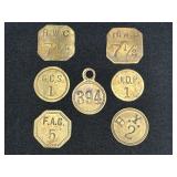 Antique Brass Key Fob #394 & 6 Brass Trade Tokens