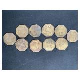 10 R.B. Brass Trade Tokens, 1.5, 7.5, 10. 15 & 30