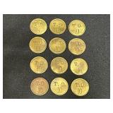 12 Antique Brass No. 2 -15 Trade Tokens