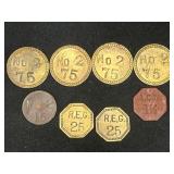 8 Antique Trade Tokens, Brass, Copper & Fiber