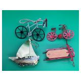 Vtg Boat Bicycles & Sled Metal Ornaments