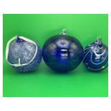 3 Cobalt Blue Hand-blown Art Glass Ball Ornaments