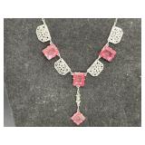 Art Deco Silver Pink Glass Filigree Chain Necklace