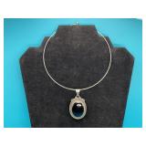 Sterling Silver Wire Choker with Oval Onyx Pendant