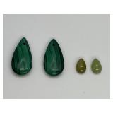2 Tear Drop Malachite Beads & 2 Green Jems Stones