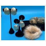 Greel Woven Wire Barrett, Earrings & Fur Hair Band