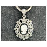 Sterling MOP Marcasite Cameo Pendant & Necklace