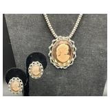 Large Glass Antique Style Cameo Pendant & Earrings