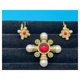Avon Holiday Colors Maltese Cross Pin & Earrings