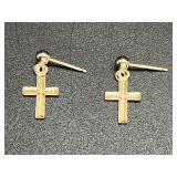 14K Gold 1/2" Pierced Earrings with Cross Dangle
