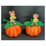 2 Annalee Mice Dolls Sitting atop Pumpkins