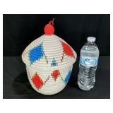 Hand-woven African coiled lidded basket