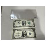 $1 Silver Certificate & $2 Federal Reserve Note